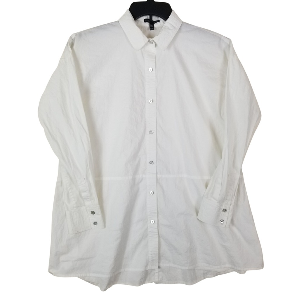 Eileen Fisher Womens White Organic Cotton Stretch Button Down‎ Shirt XS TP